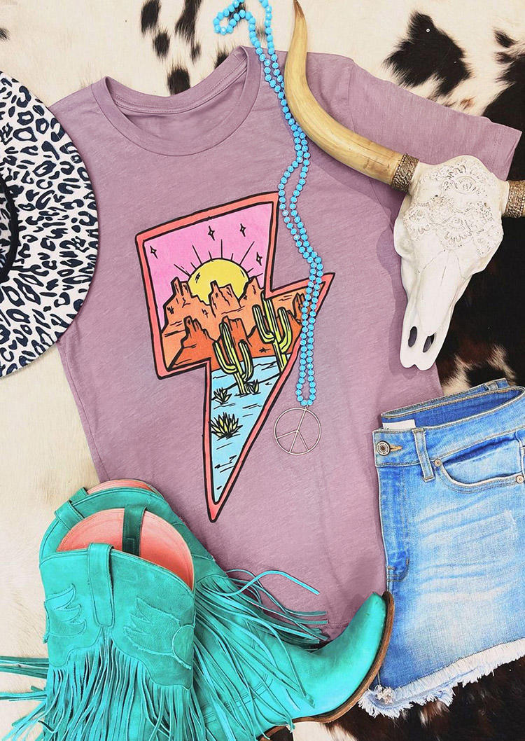 

Lightning Cactus O-Neck T-Shirt Tee - Purple, 513552