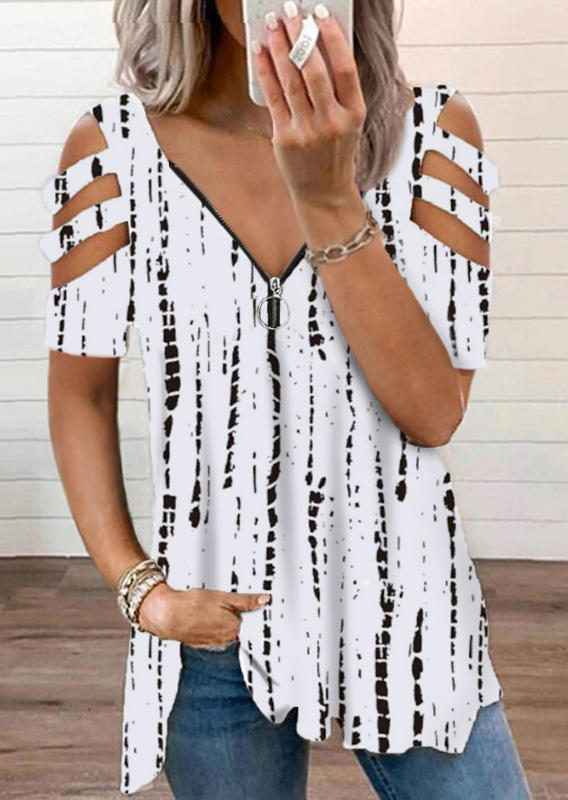 

Tie Dye Cold Shoulder Zipper Collar Blouse - White, 513940