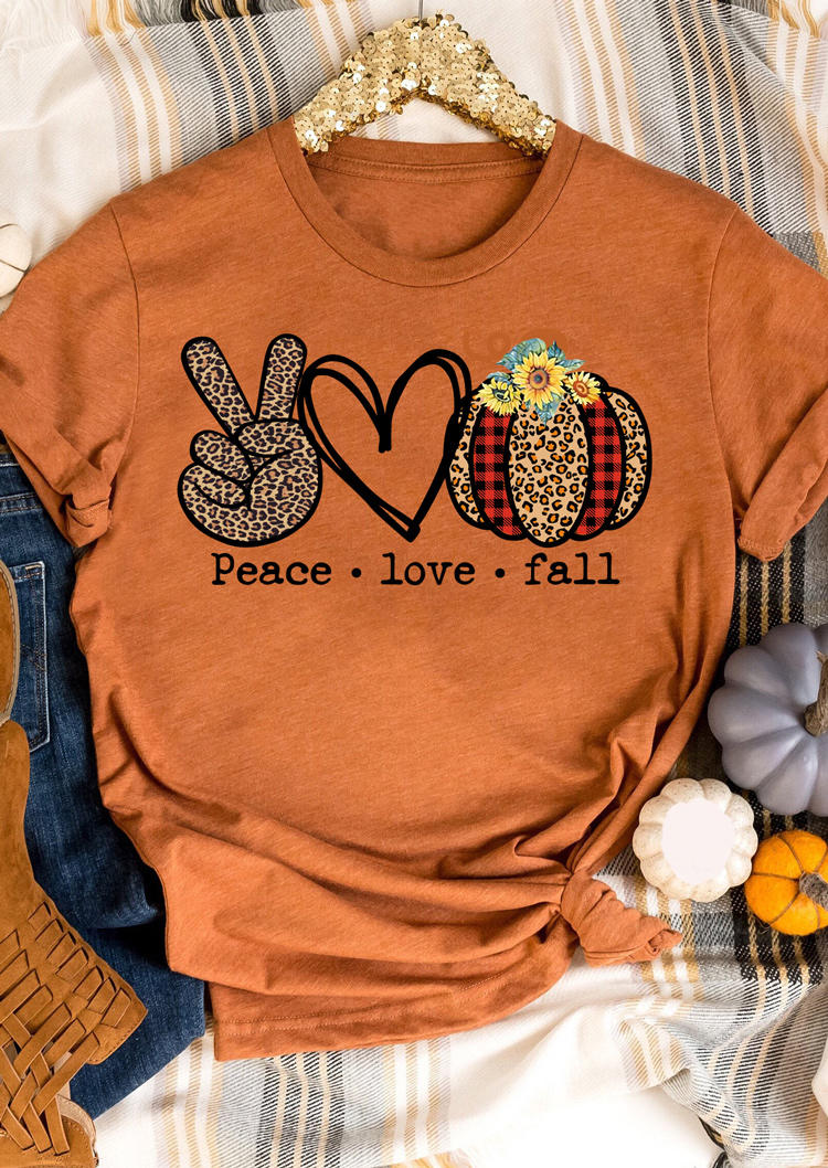 

Peace Love Fall Leopard Plaid Sunflower T-Shirt Tee - Orange, 513957