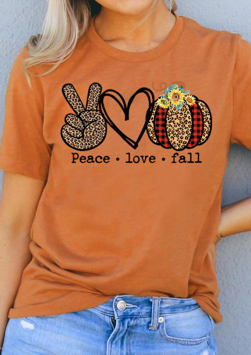 Peace Love Fall Leopard Plaid Sunflower T-Shirt Tee - Orange