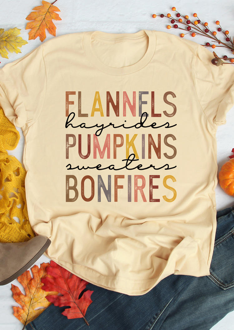 Flannels Pumpkins Bonfires O-Neck T-Shirt Tee - Apricot