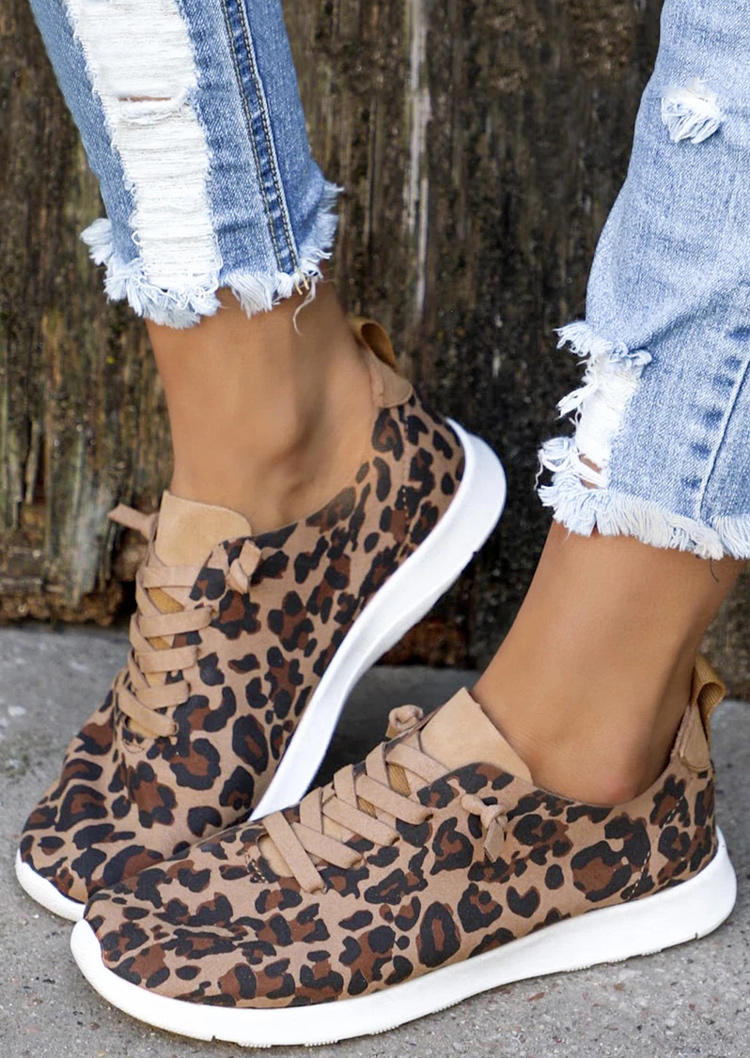 

Leopard Lace Up Flat Sneakers, 514005