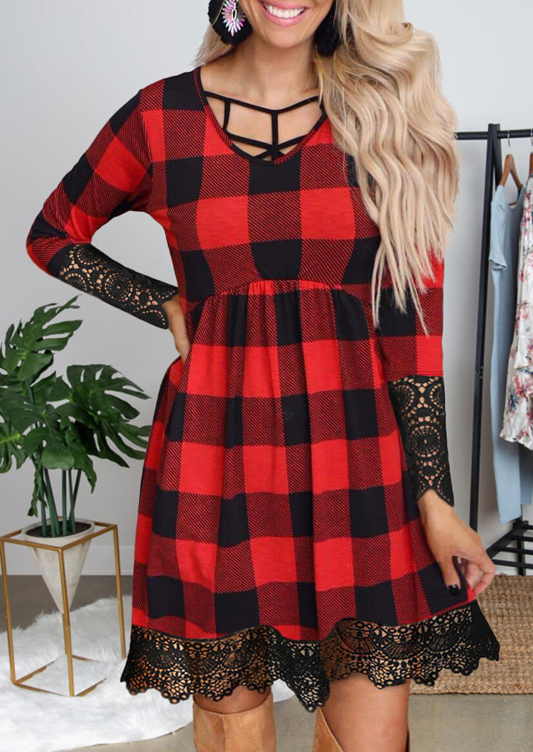 Lace Plaid Splicing Long Sleeve Mini Dress