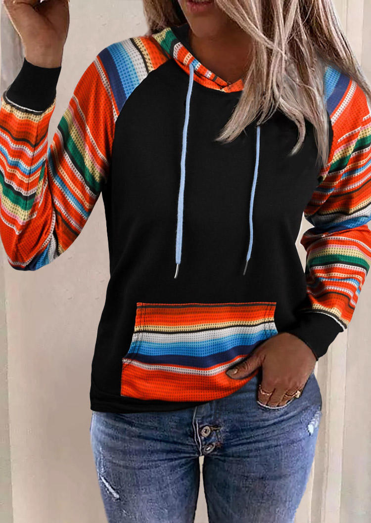 Colorful Striped Drawstring Kangaroo Pocket Hoodie - Black