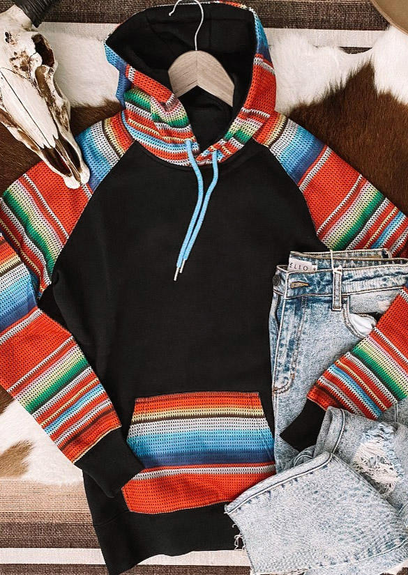 

Colorful Striped Drawstring Kangaroo Pocket Hoodie - Black, 514064