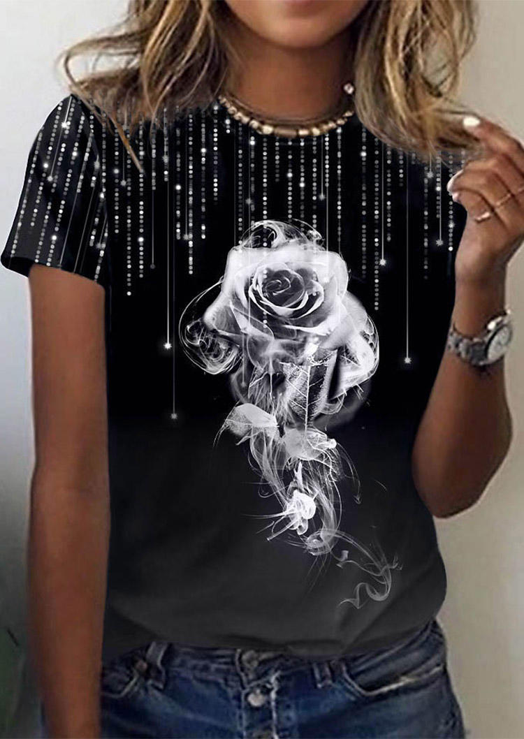 

Rose Glitter Short Sleeve O-Neck Blouse - Black, 512538