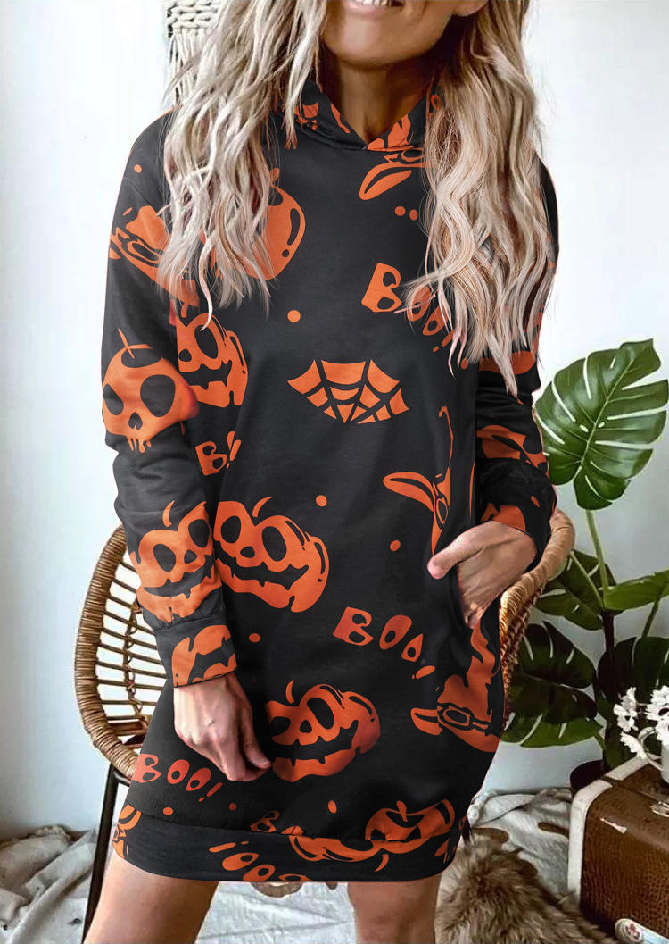 

Halloween Pumpkin Face Pocket Hooded Mini Dress - Deep Blue, 513909