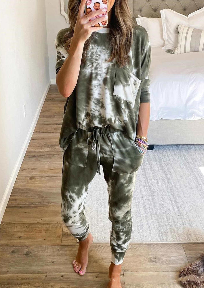 

Pocket Tie Dye Blouse And Drawstring Pants Two-Piece Set - Green, 513924