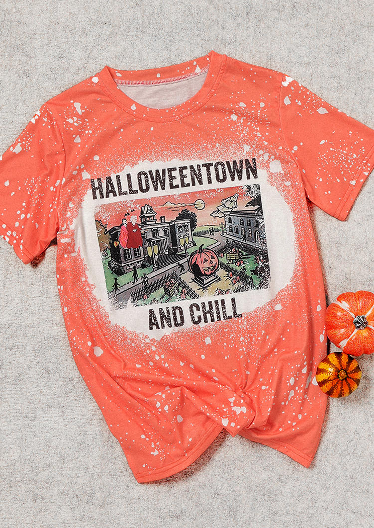 

Halloweentown And Chill Bleached Pumpkin Face T-Shirt Tee - Orange, 513997