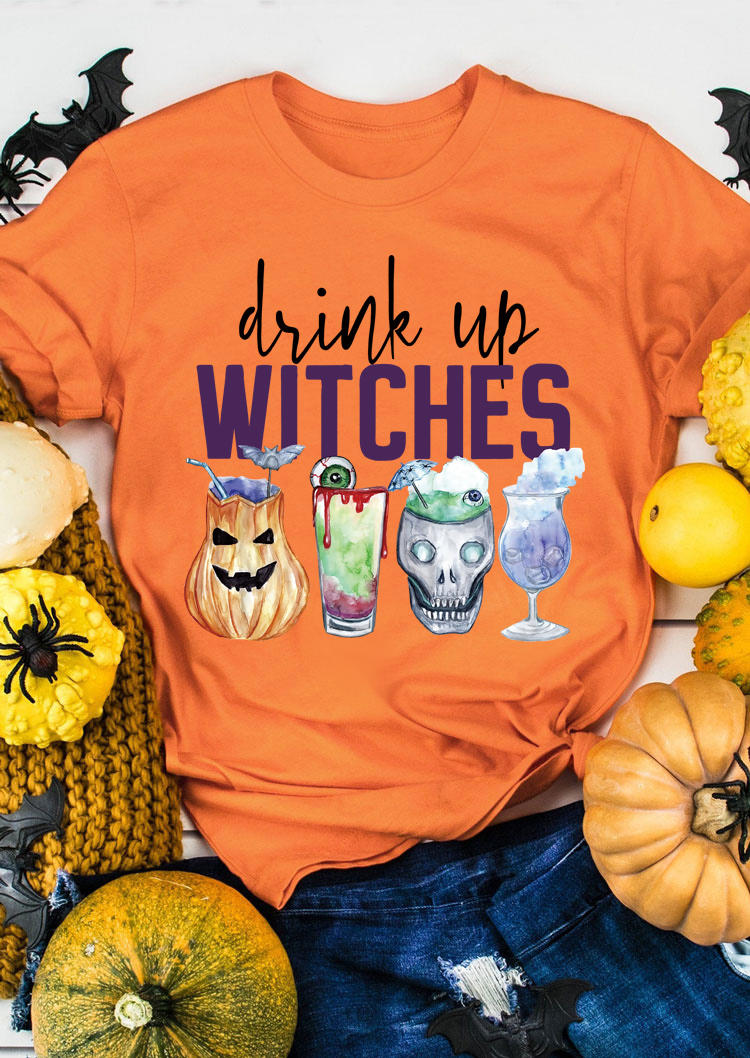 

Halloween Drink Up Witches Pumpkin Skull T-Shirt Tee - Orange, 514066