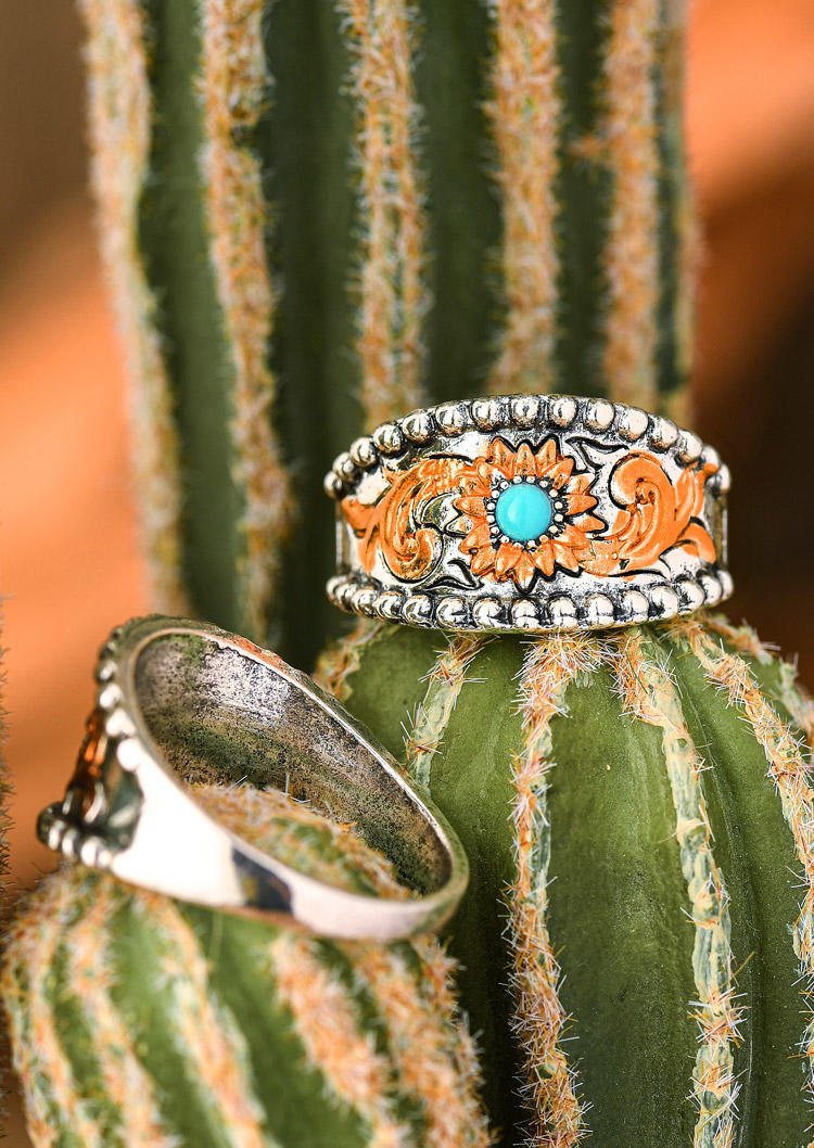 

Vintage Embossed Flower Turquoise Ring, Silver, 514123