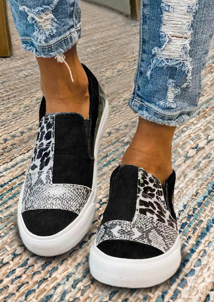 

Leopard Snake Skin Splicing Flat Canvas Sneakers - Black, 514182