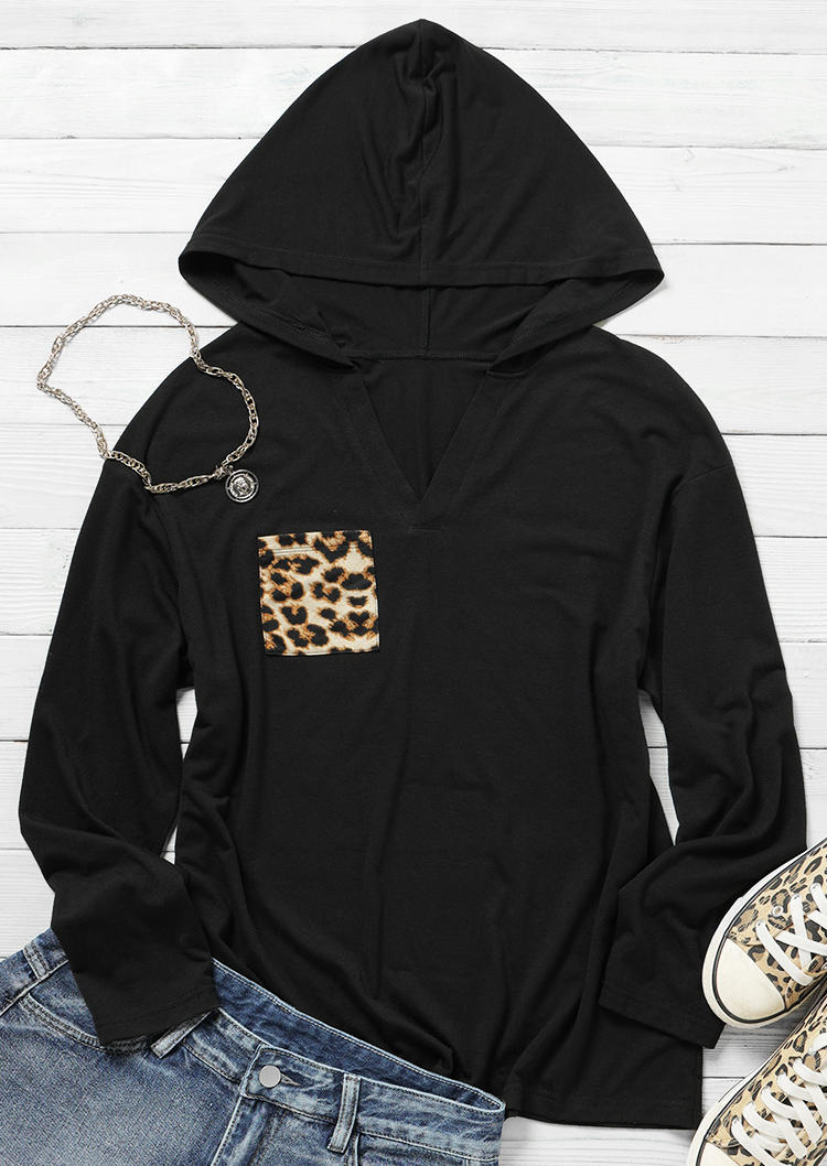 Leopard Pocket V-Neck Long Sleeve Hooded Blouse - Black