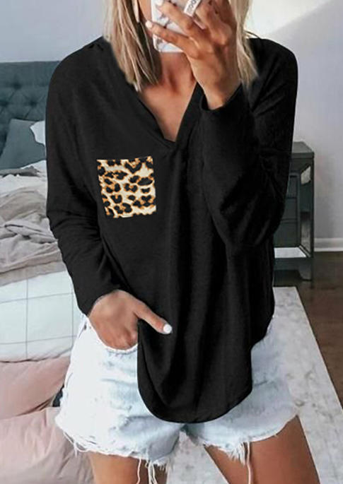 

Leopard Pocket V-Neck Long Sleeve Hooded Blouse - Black, 514045