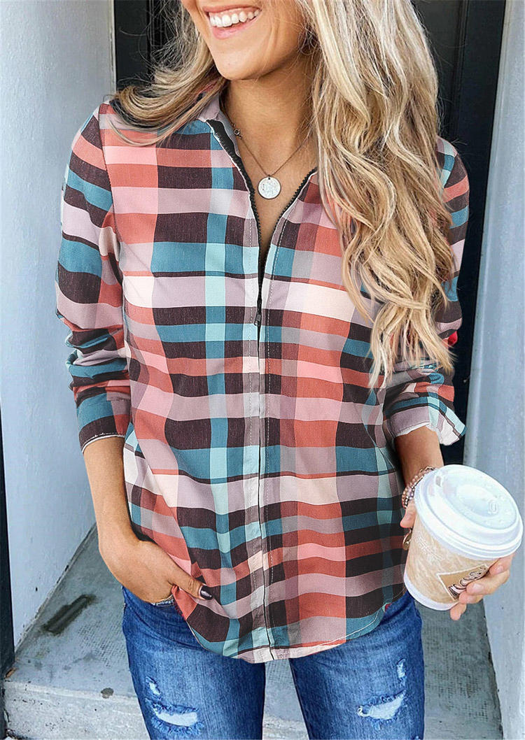 

Plaid Zipper Long Sleeve Shirt, Multicolor, 514102