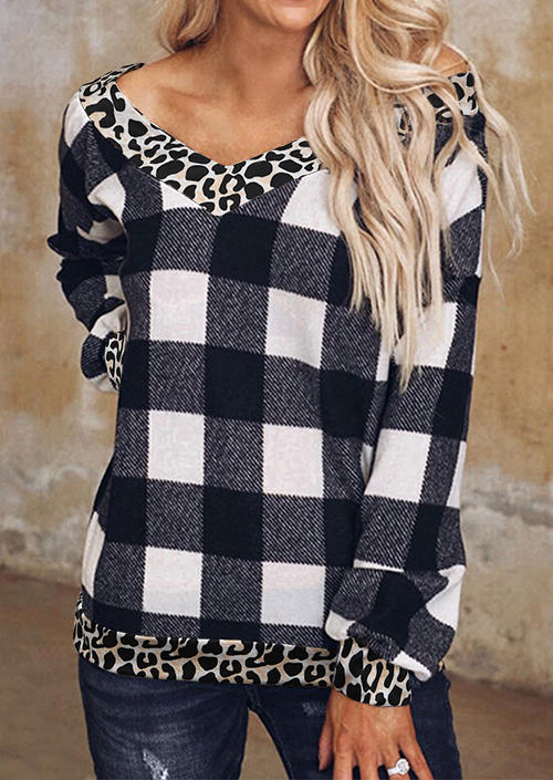 

Plaid Leopard Splicing Long Sleeve V-Neck Blouse, Multicolor, 514149