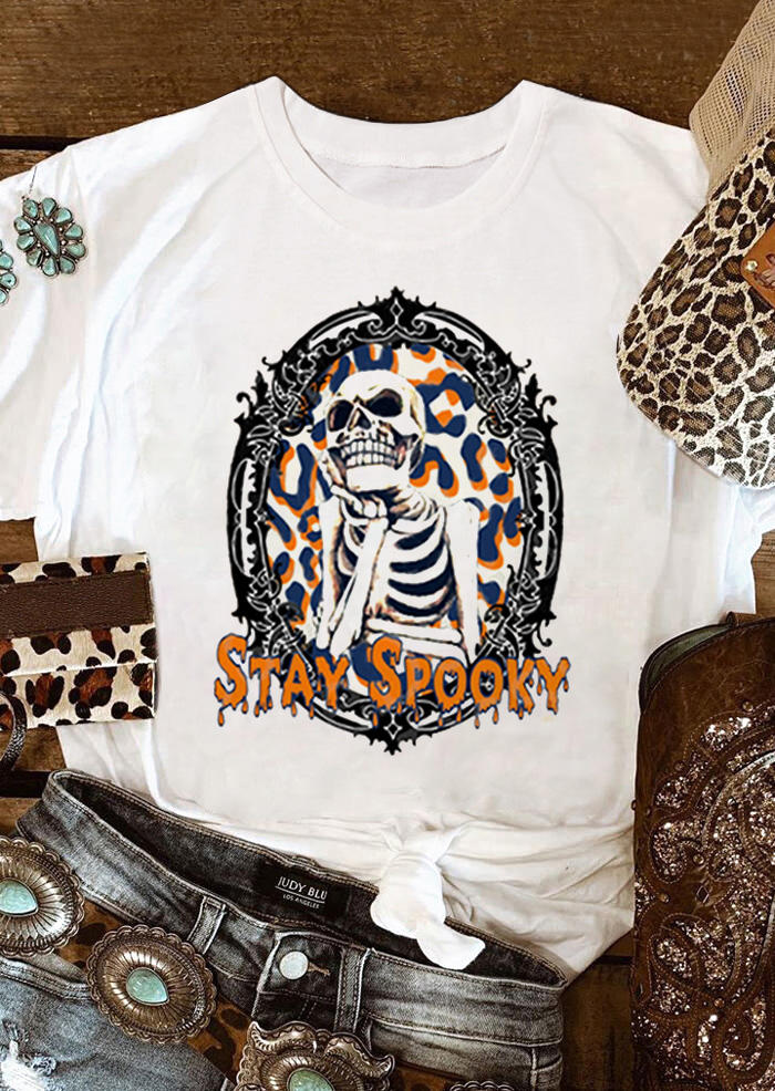 

Halloween Stay Spooky Skull Leopard T-Shirt Tee - White, 514177
