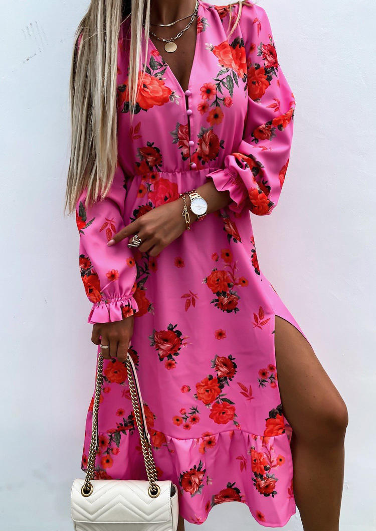 

Floral Button Elastic Cuff Midi Dress - Rose Red, 514205
