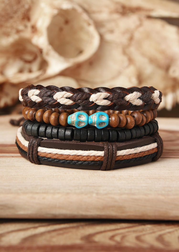 

4Pcs Halloween Skull Turquoise Leather Bracelet Set, Multicolor, 514214