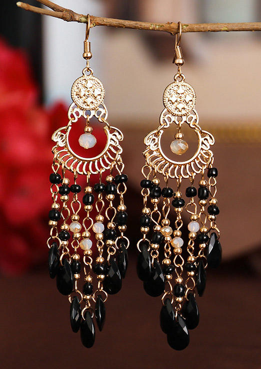

Colorful Beading Tassel Hollow Out Long Earrings, Black, 514217