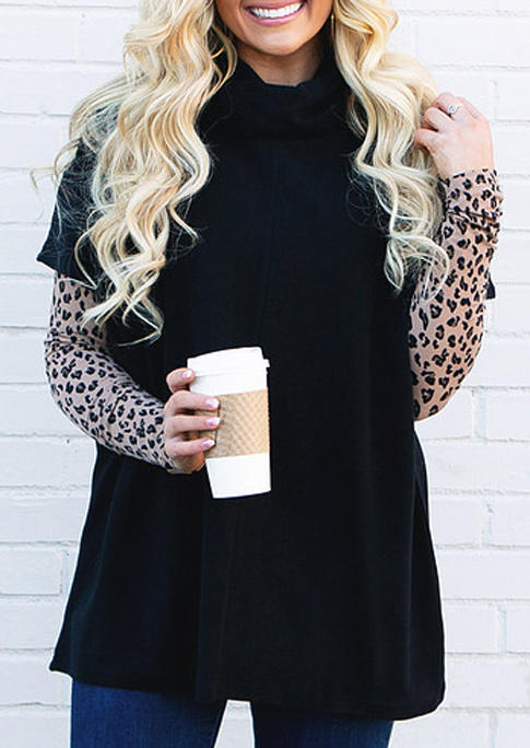 

Cowl Neck T-Shirt Tee + Leopard Long Sleeve Blouse Set - Black, 514220