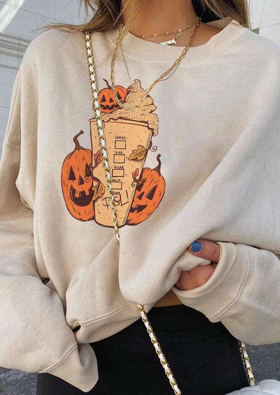 Halloween Pumpkin Face Pullover Sweatshirt - Beige