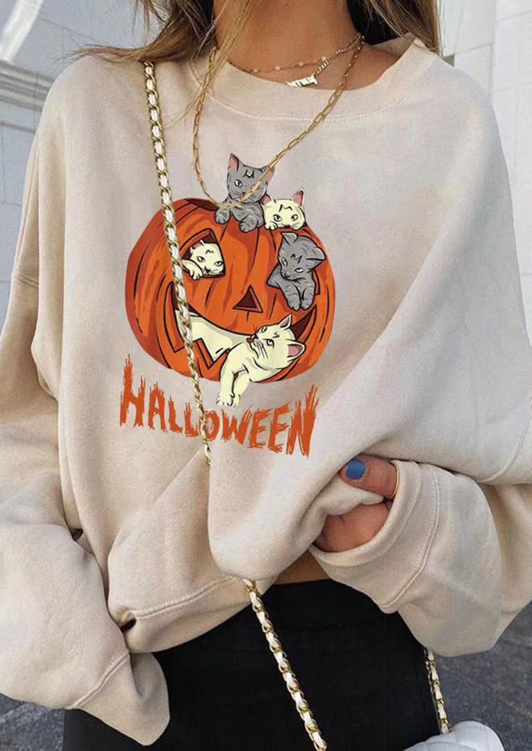 

Halloween Pumpkin Cat Long Sleeve Sweatshirt, White, 514388