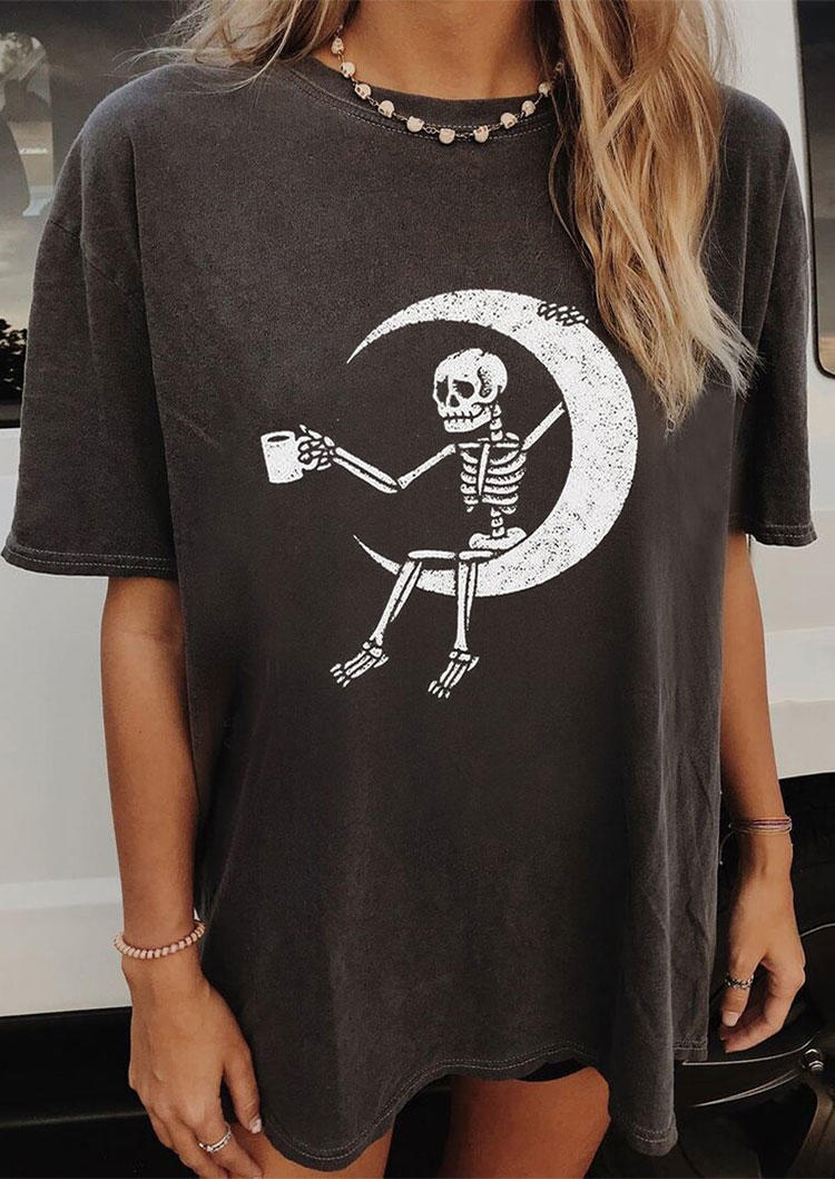 Halloween Skeleton Moon Drink T-Shirt Tee - Black