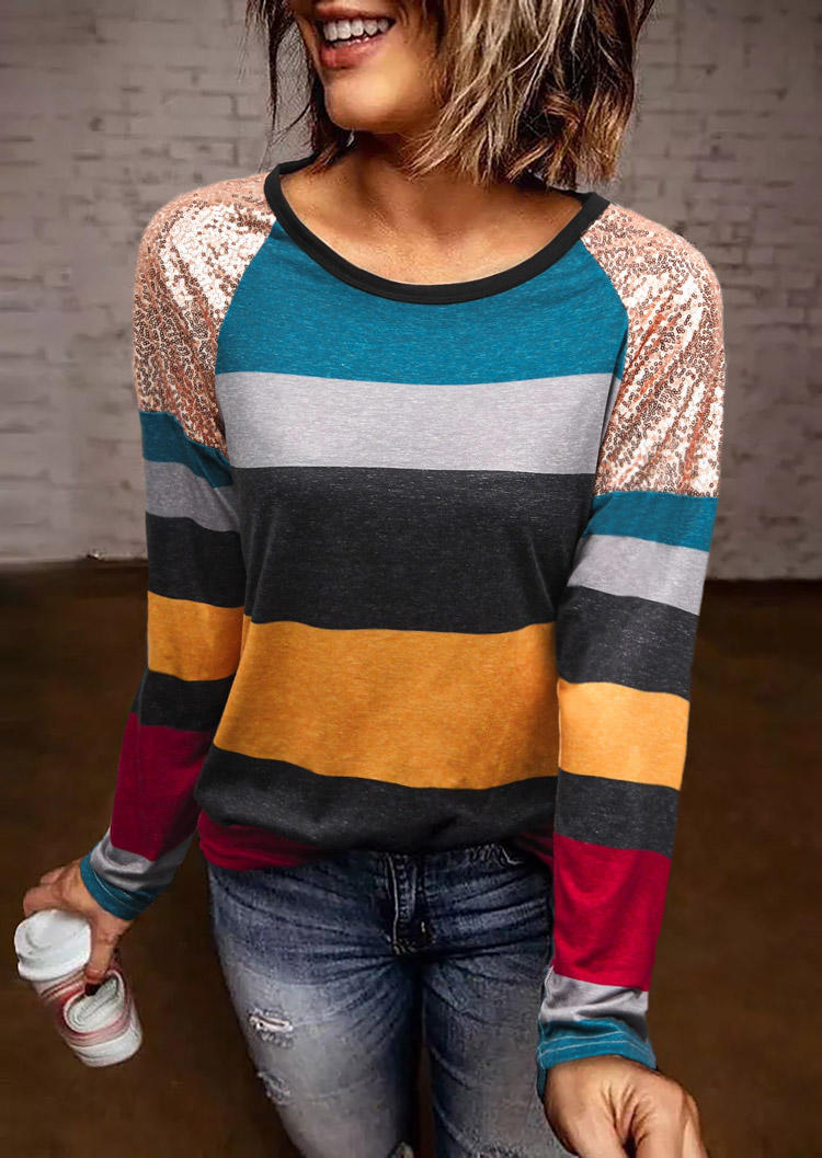 Striped Sequined Splicing Color Block Blouse