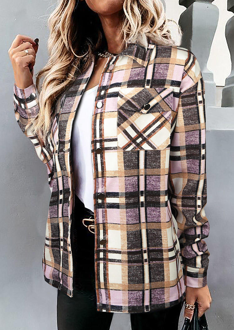 

Plaid Button Pocket Turn-down Collar Coat, Multicolor, 513945