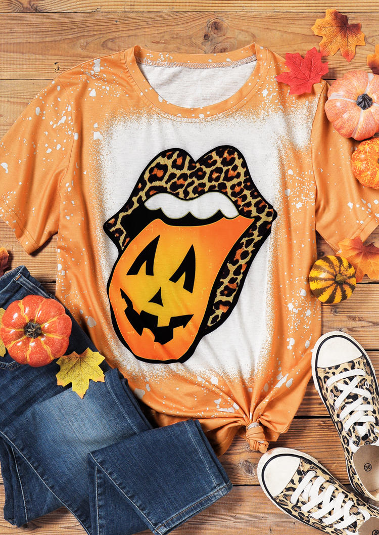 

Pumpkin Face Leopard Lips Bleached T-Shirt Tee - Orange, 514125