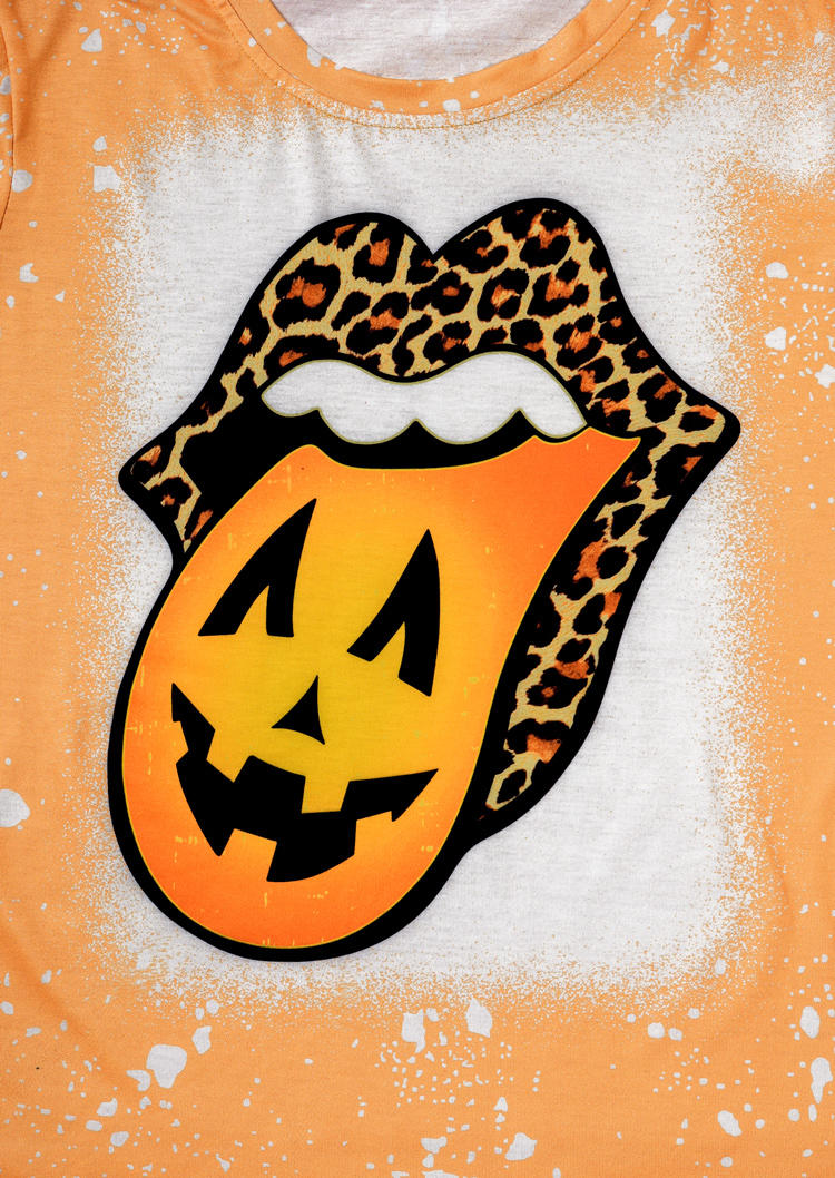 Pumpkin Face Leopard Lips Bleached T-Shirt Tee - Orange