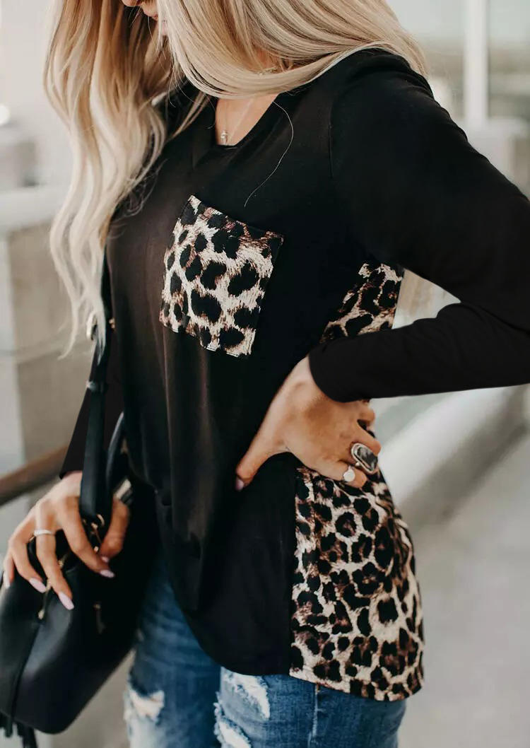 Leopard Splicing Pocket Long Sleeve Blouse - Black