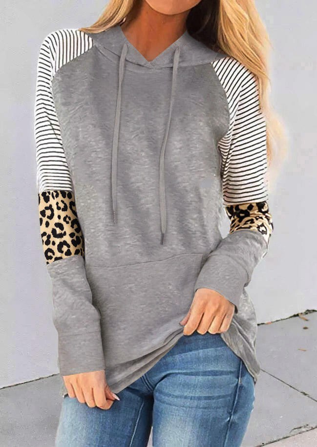 

Striped Leopard Splicing Kangaroo Pocket Hoodie - Gray, 510243