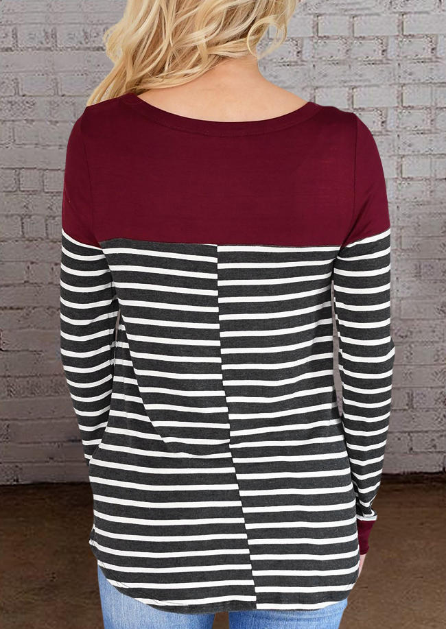 Button Striped Splicing Long Sleeve Blouse - Burgundy