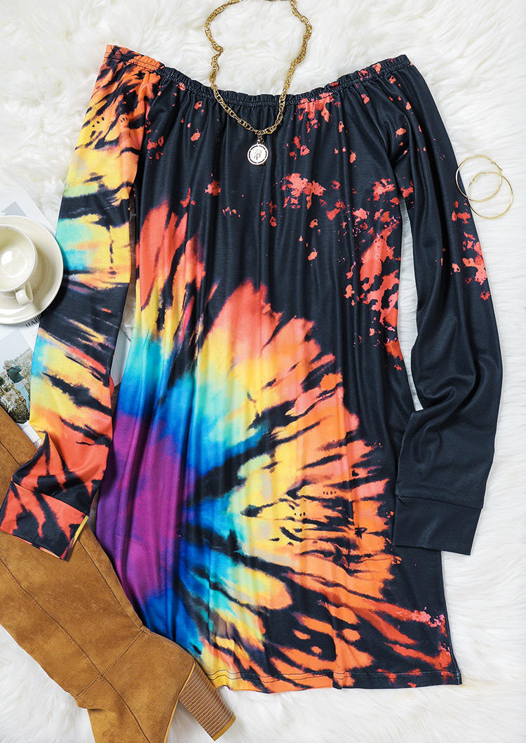 Reverse Tie Dye Rainbow Off Shoulder Mini Dress