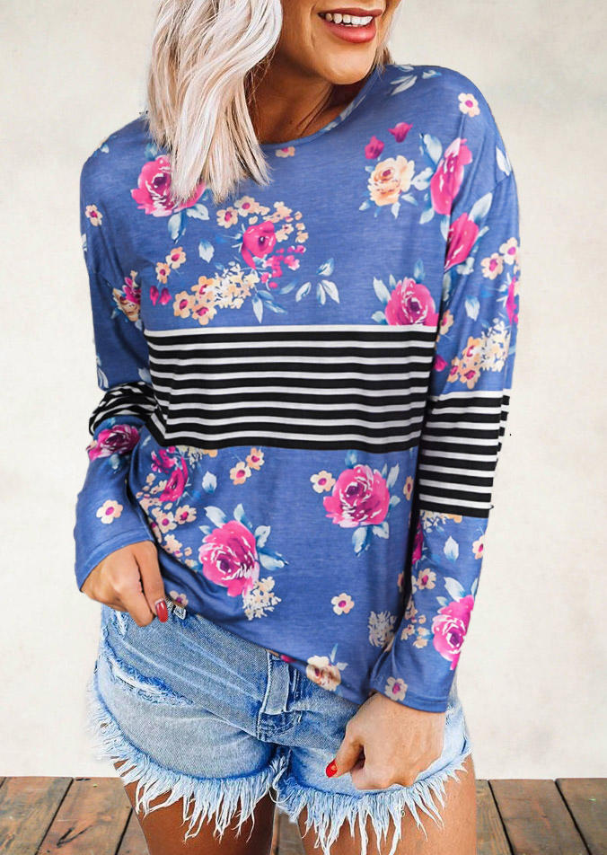 

Floral Striped Splicing Long Sleeve O-Neck Blouse, Multicolor, 514041