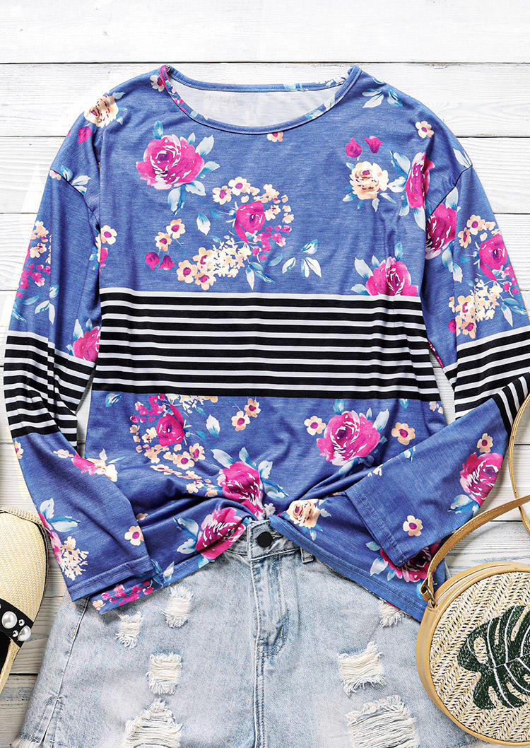 Floral Striped Splicing Long Sleeve O-Neck Blouse