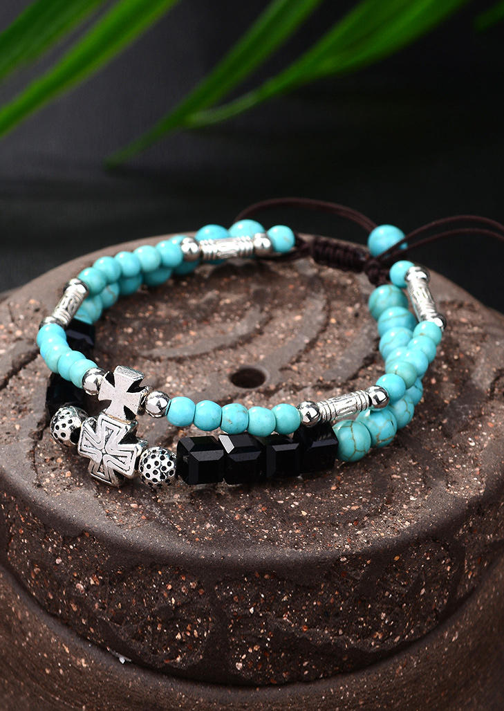 

Turquoise Cross Beaded Dual-Layered Bracelet, Cyan, 514482