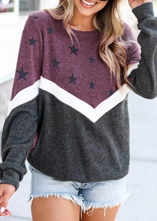 

Star O-Neck Long Sleeve Pullover Sweatshirt, Multicolor, 514517