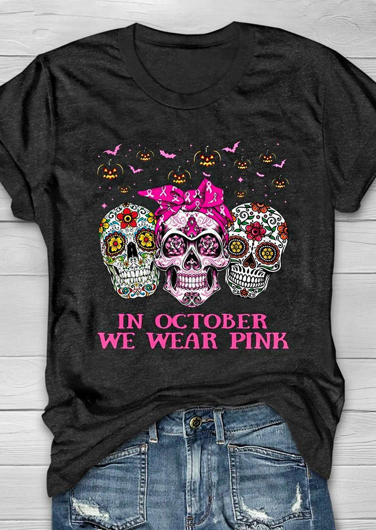 

Halloween Pumpkin Face Skull In October We Wear Pink T-Shirt Tee - Dark Grey, Gray, 514601