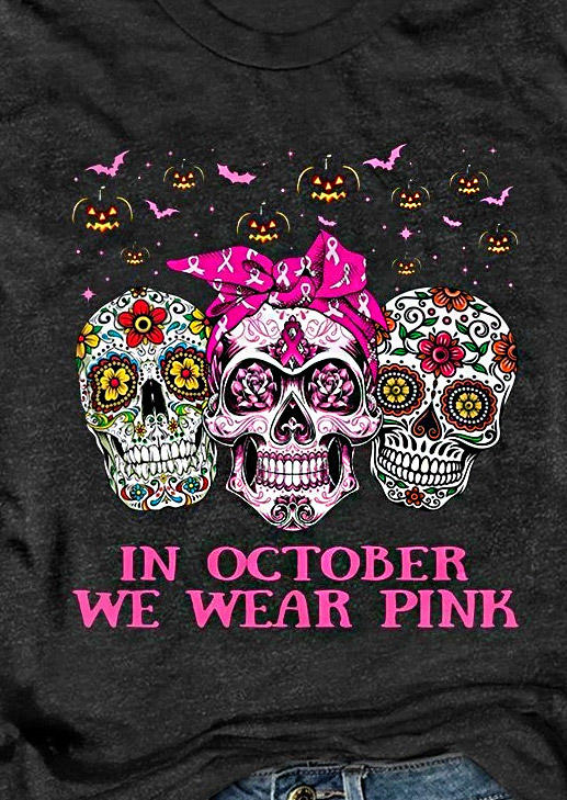 Pumpkin Face Skull In October We Wear Pink T-Shirt Tee - Dark Grey