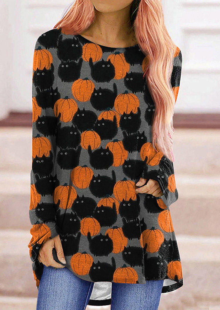 

Halloween Pumpkin Cat Long Sleeve Blouse, Multicolor, 514659