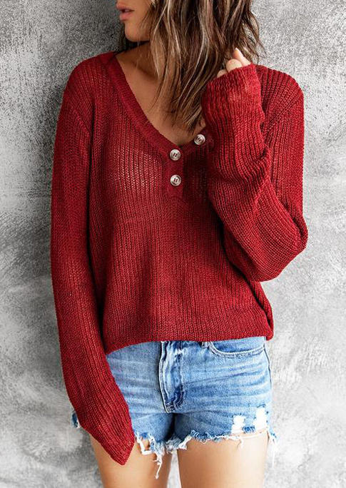 

Button Knitted Long Sleeve V-Neck Sweater - Burgundy, 513490