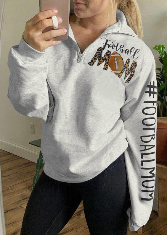 

Leopard Football Mom Zipper Collar Sweatshirt - Light Grey, 514068