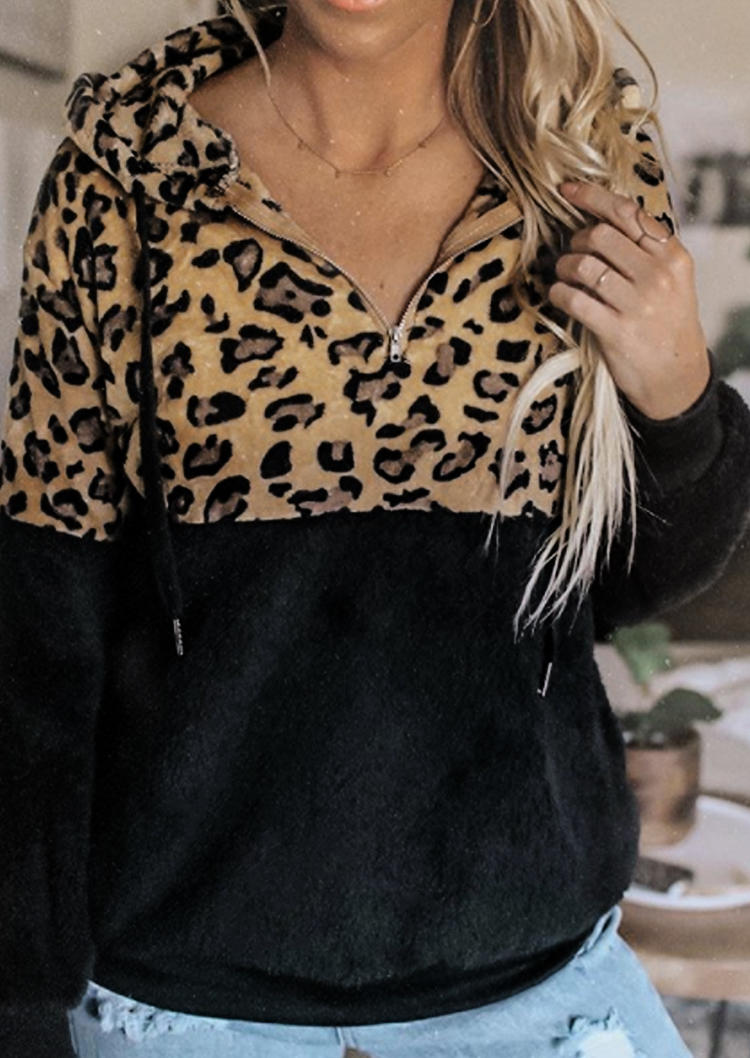 

Leopard Zipper Collar Long Sleeve Hoodie, 514186