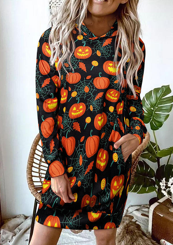 

Halloween Pumpkin Pocket Hooded Mini Dress - Black, 514230