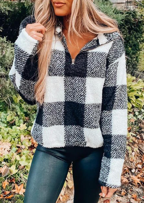 

Plaid Zipper Long Sleeve Stand Collar Sweatshirt, 514238