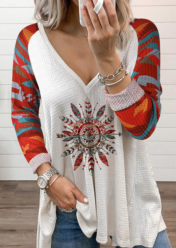 

Western Aztec Geometric Feather Blouse - White, 514246