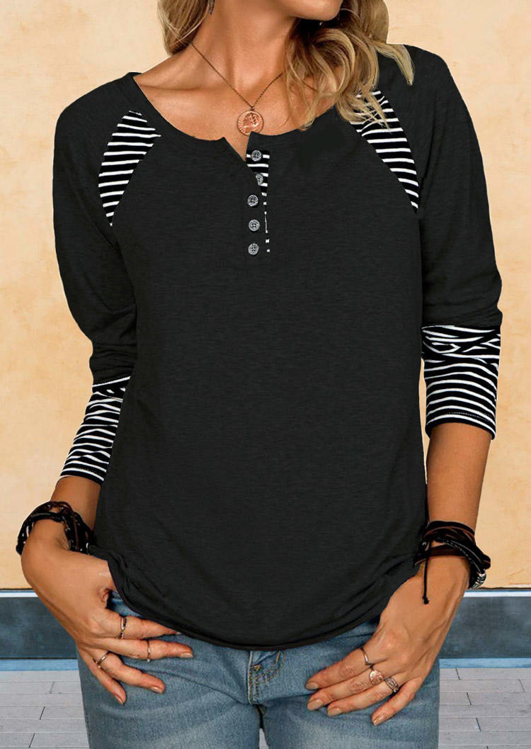 

Striped Button Long Sleeve Blouse - Black, 514343